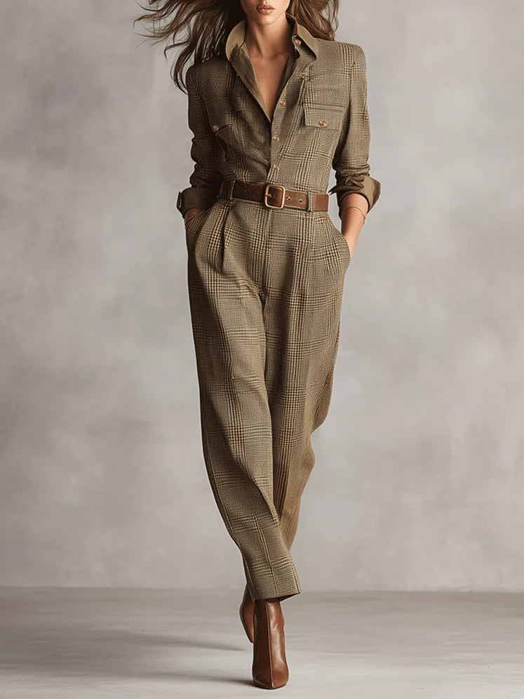 Brown Sophisticated Tweed Texture Plaid Utility Jumpsuit - Eliza-Warszawa
