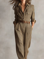 Brown Sophisticated Tweed Texture Plaid Utility Jumpsuit - Eliza-Warszawa