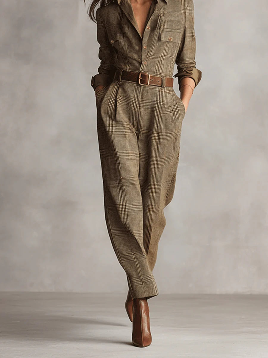 Brown Sophisticated Tweed Texture Plaid Utility Jumpsuit - Eliza-Warszawa