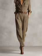 Brown Sophisticated Tweed Texture Plaid Utility Jumpsuit - Eliza-Warszawa