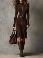 Brown Vintage Zipper Belted Midi Dress - Eliza-Warszawa