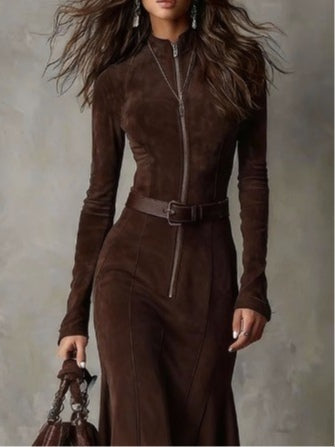 Brown Vintage Zipper Belted Midi Dress - Eliza-Warszawa