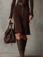 Brown Vintage Zipper Belted Midi Dress - Eliza-Warszawa