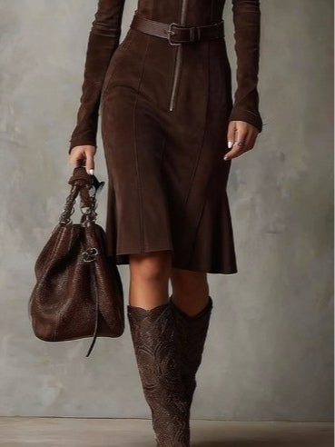 Brown Vintage Zipper Belted Midi Dress - Eliza-Warszawa