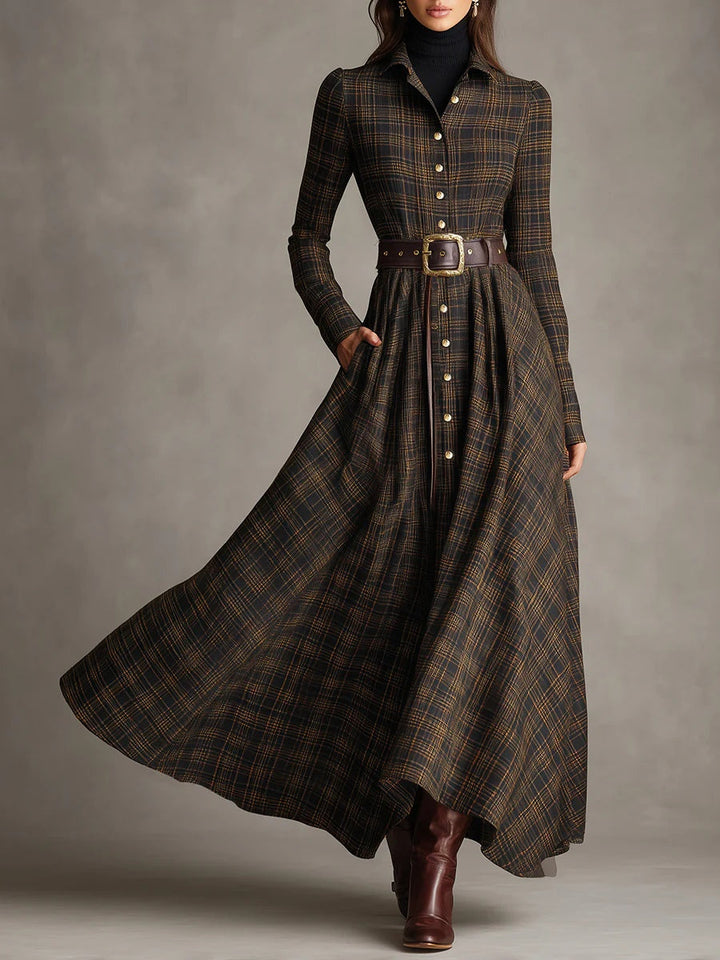 Brown and Black Plaid Lapel Single-Breasted Shirt Long Dress - Eliza-Warszawa