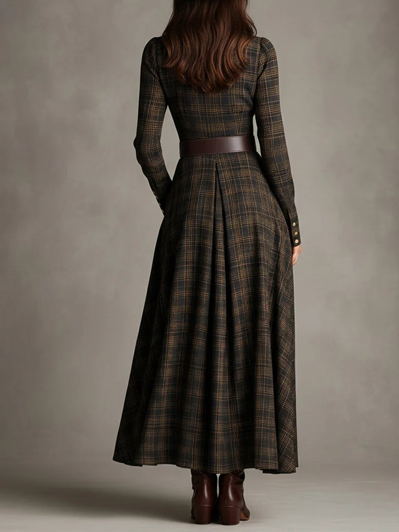 Brown and Black Plaid Lapel Single-Breasted Shirt Long Dress - Eliza-Warszawa