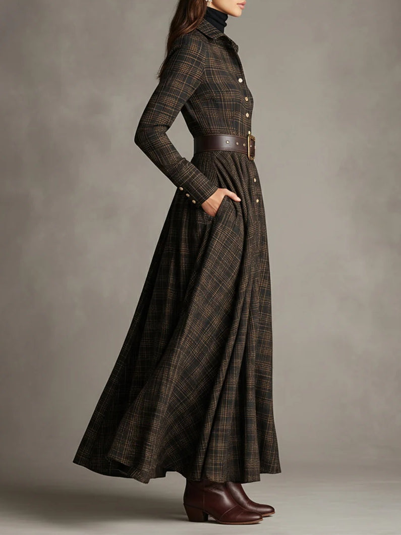 Brown and Black Plaid Lapel Single-Breasted Shirt Long Dress - Eliza-Warszawa