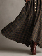 Brown and Black Plaid Lapel Single-Breasted Shirt Long Dress - Eliza-Warszawa