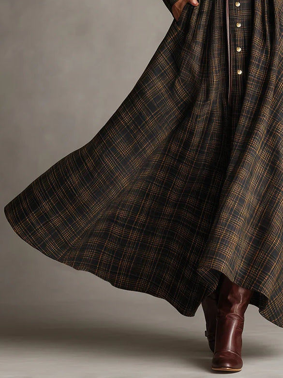 Brown and Black Plaid Lapel Single-Breasted Shirt Long Dress - Eliza-Warszawa