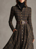 Brown and Black Plaid Lapel Single-Breasted Shirt Long Dress - Eliza-Warszawa