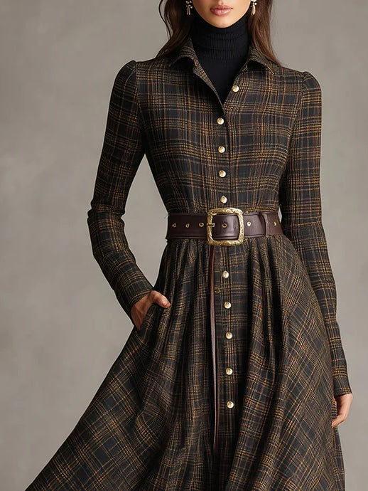 Brown and Black Plaid Lapel Single-Breasted Shirt Long Dress - Eliza-Warszawa
