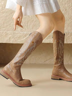 Brown embroidered back zipper long boots - Eliza-Warszawa