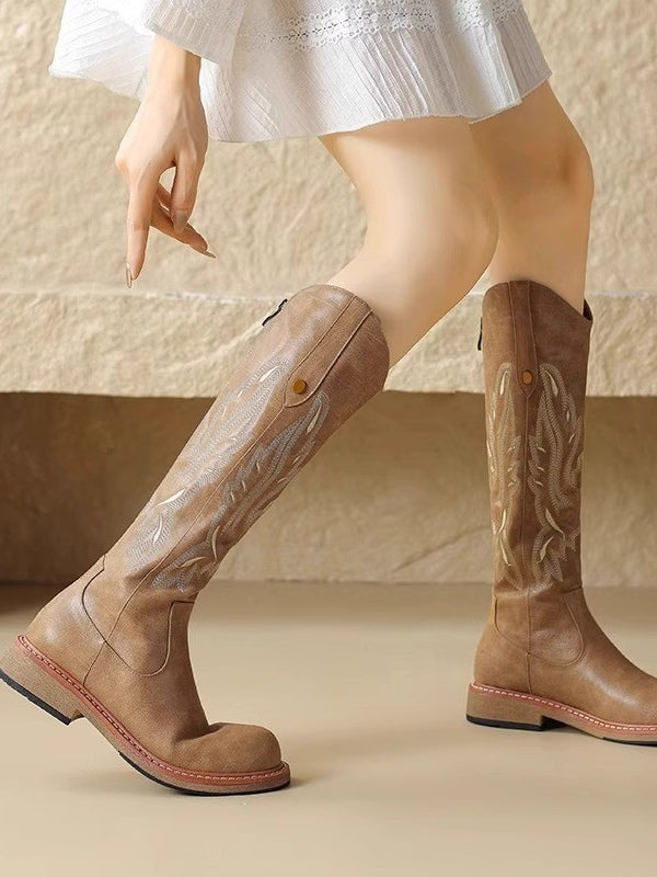 Brown embroidered back zipper long boots - Eliza-Warszawa