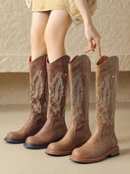 Brown embroidered back zipper long boots - Eliza-Warszawa