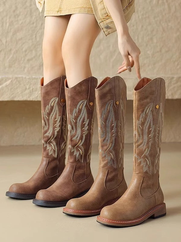 Brown embroidered back zipper long boots - Eliza-Warszawa