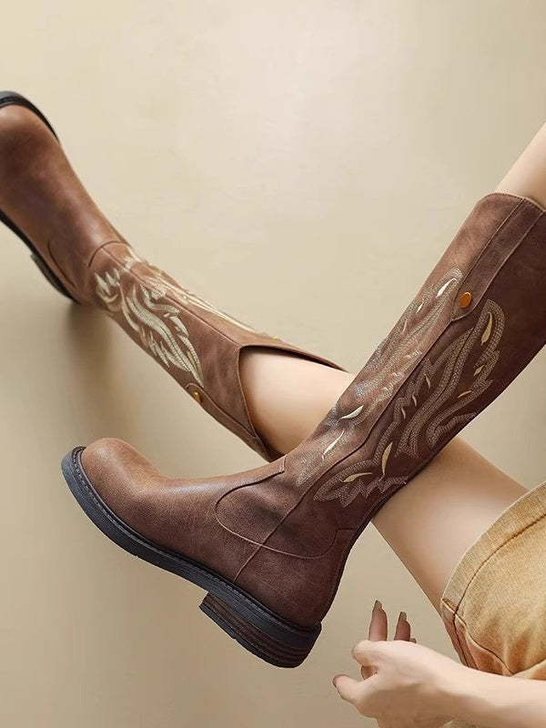 Brown embroidered back zipper long boots - Eliza-Warszawa