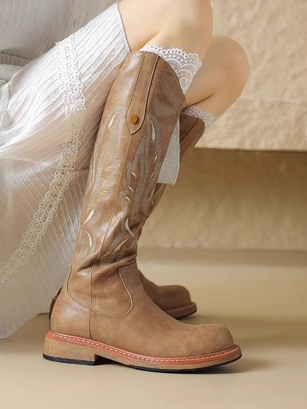 Brown embroidered back zipper long boots - Eliza-Warszawa