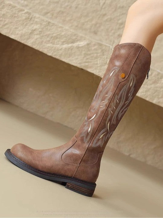 Brown embroidered back zipper long boots - Eliza-Warszawa