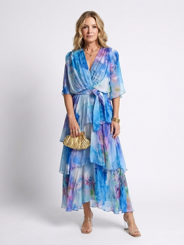 Calista - Sheer Layered V Neck Tie Waist Maxi Dress - Eliza-Warszawa