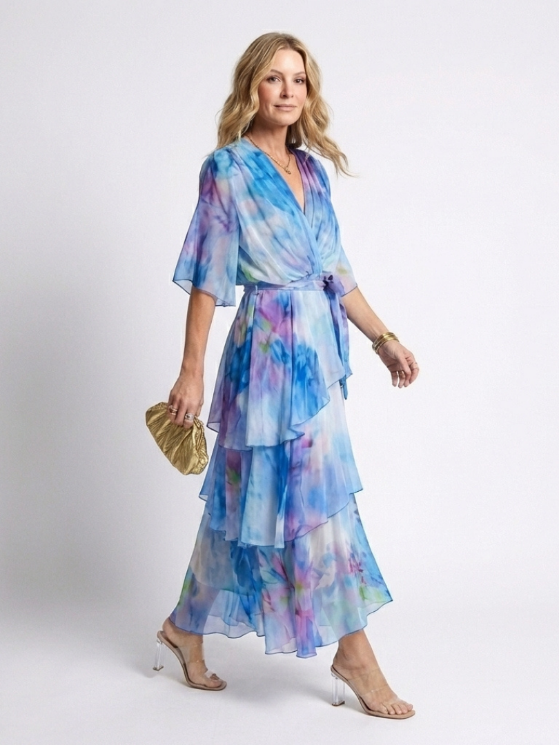 Calista - Sheer Layered V Neck Tie Waist Maxi Dress - Eliza-Warszawa