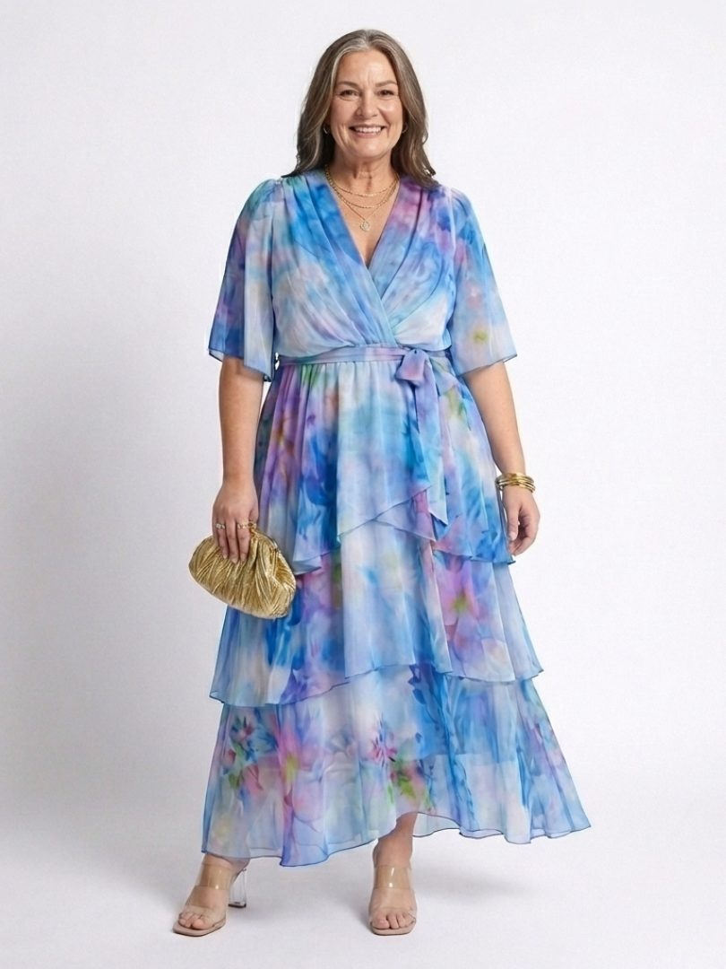 Calista - Sheer Layered V Neck Tie Waist Maxi Dress - Eliza-Warszawa