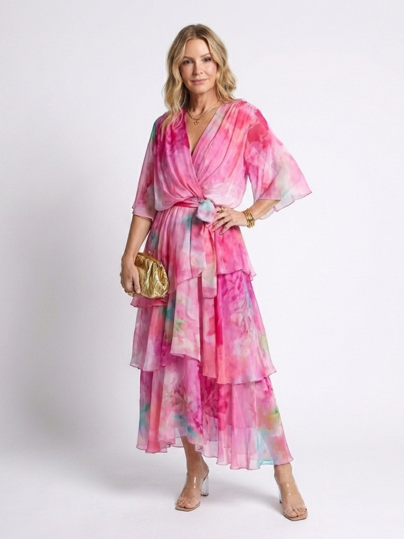 Calista - Sheer Layered V Neck Tie Waist Maxi Dress - Eliza-Warszawa