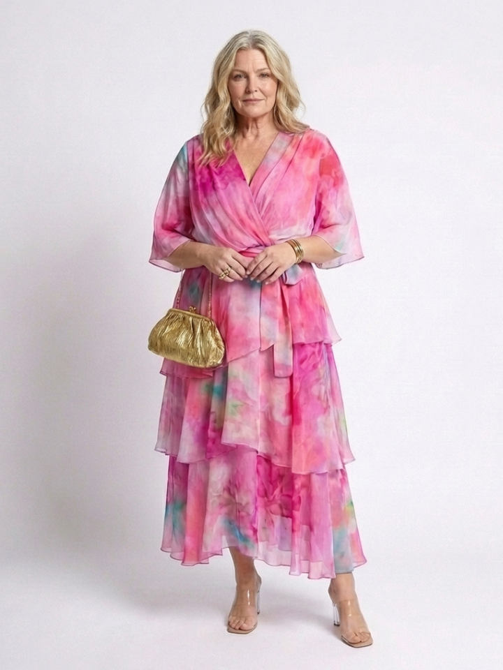 Calista - Sheer Layered V Neck Tie Waist Maxi Dress - Eliza-Warszawa