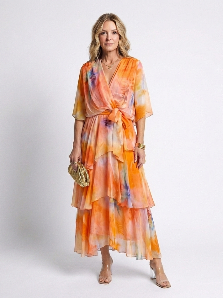 Calista - Sheer Layered V Neck Tie Waist Maxi Dress - Eliza-Warszawa