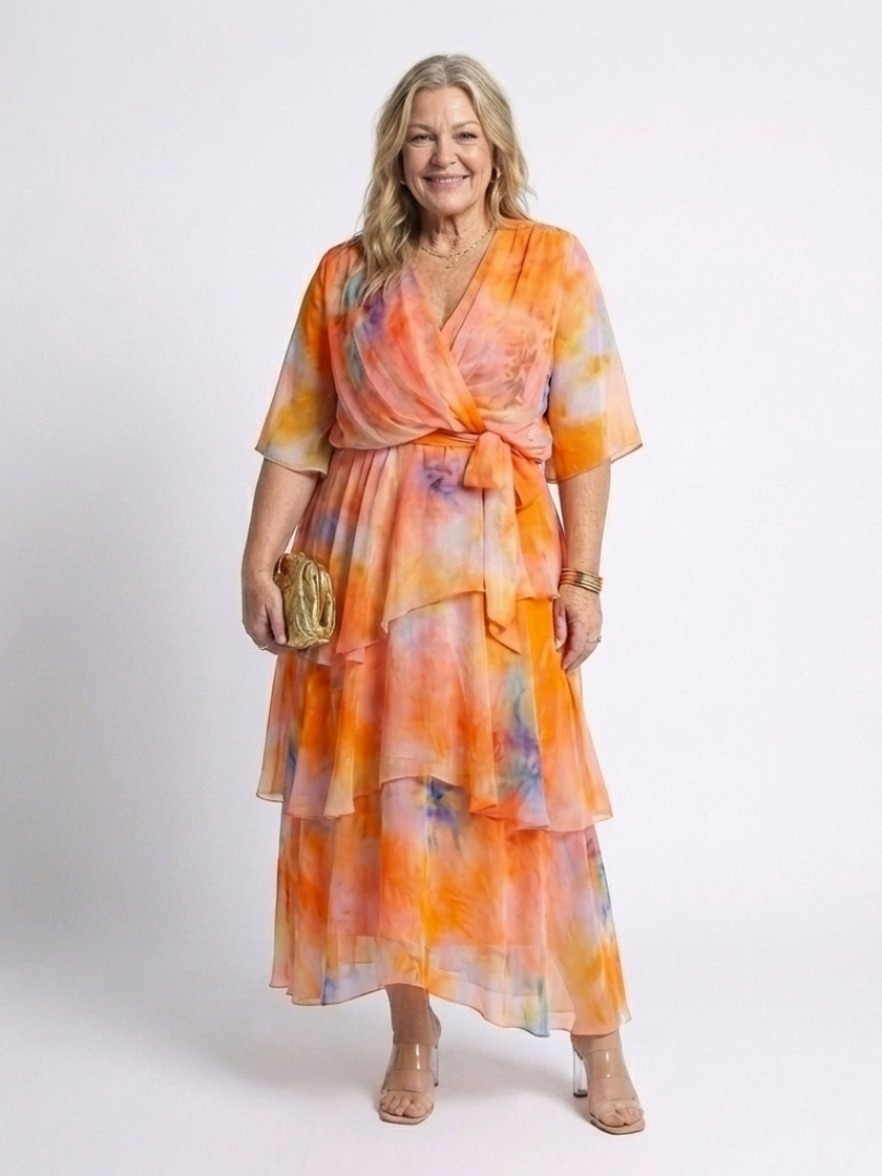 Calista - Sheer Layered V Neck Tie Waist Maxi Dress - Eliza-Warszawa
