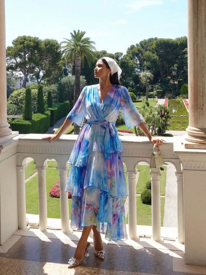 Calista - Sheer Layered V Neck Tie Waist Maxi Dress - Eliza-Warszawa