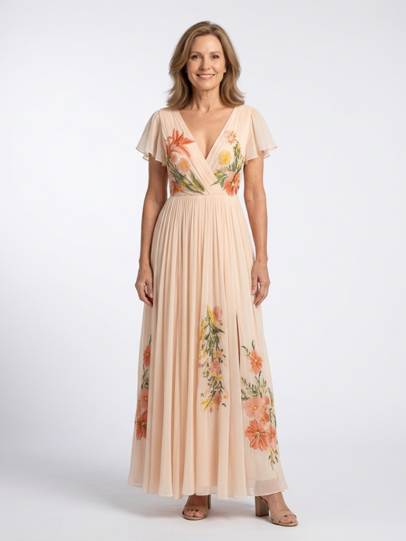 Calista | Floral pleated maxi dress with V-neck and short sleeves - Eliza-Warszawa