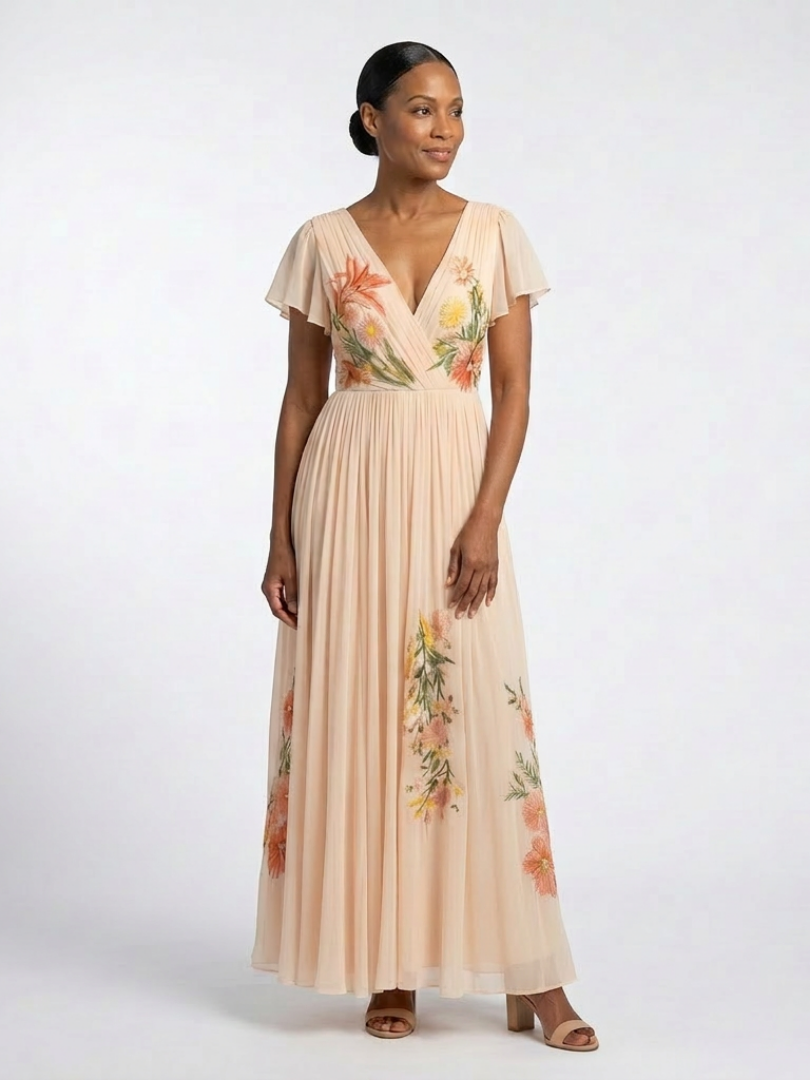 Calista | Floral pleated maxi dress with V-neck and short sleeves - Eliza-Warszawa