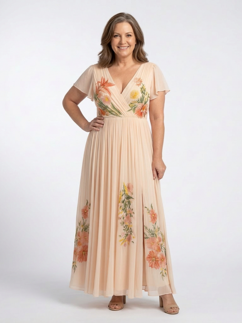 Calista | Floral pleated maxi dress with V-neck and short sleeves - Eliza-Warszawa