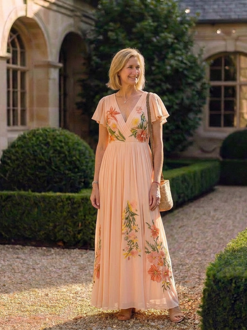 Calista | Floral pleated maxi dress with V-neck and short sleeves - Eliza-Warszawa