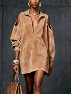 Camel Faux Suede Cold-Shoulder Mini Dress - Eliza-Warszawa