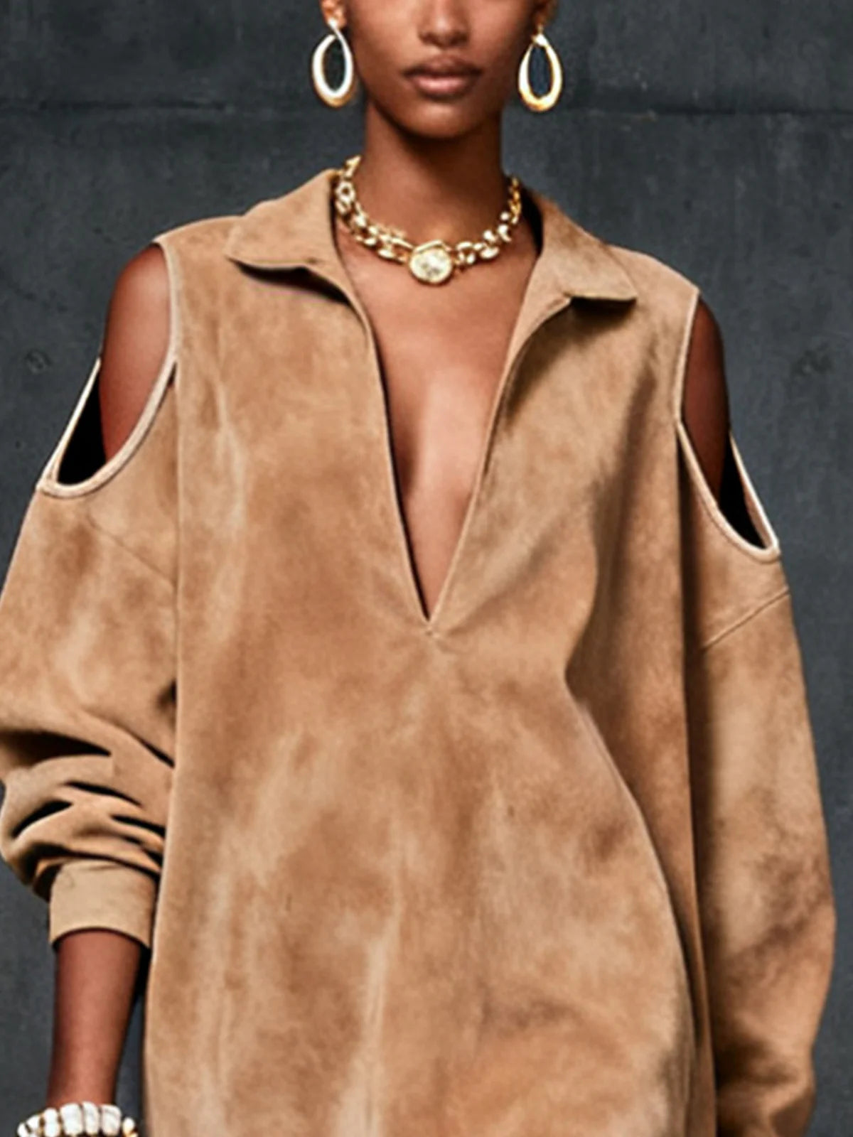 Camel Faux Suede Cold-Shoulder Mini Dress - Eliza-Warszawa