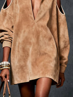 Camel Faux Suede Cold-Shoulder Mini Dress - Eliza-Warszawa