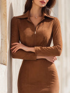 Caramel Brown Suede Zip-Up Dress - Eliza-Warszawa