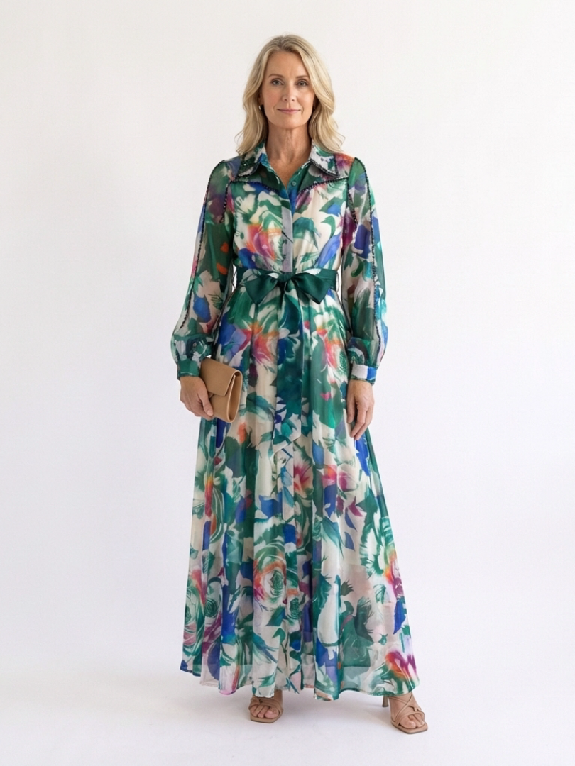 Carolina - Long Sleeve Printed Belted Maxi Dress - Eliza-Warszawa