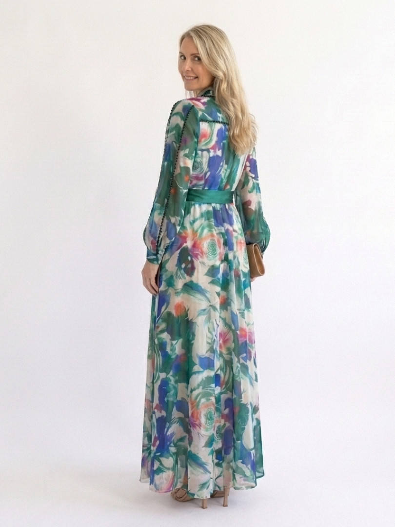 Carolina - Long Sleeve Printed Belted Maxi Dress - Eliza-Warszawa