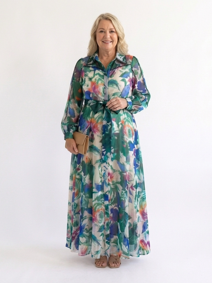 Carolina - Long Sleeve Printed Belted Maxi Dress - Eliza-Warszawa