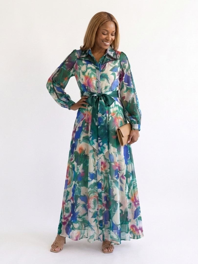 Carolina - Long Sleeve Printed Belted Maxi Dress - Eliza-Warszawa