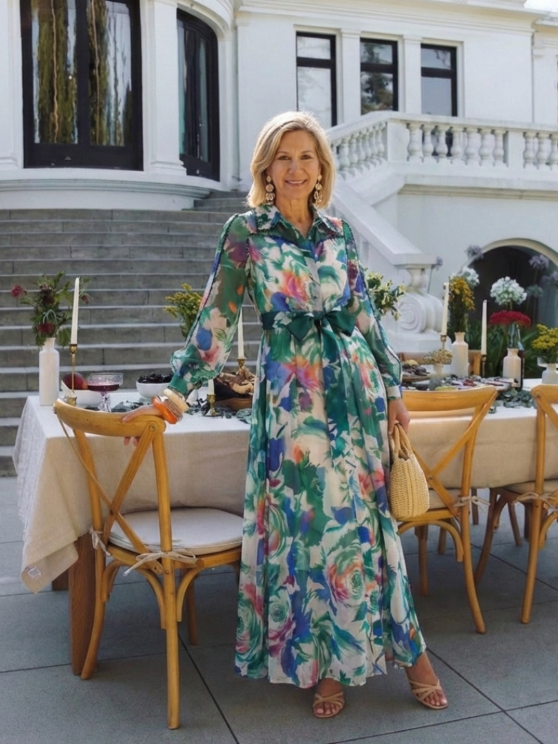 Carolina - Long Sleeve Printed Belted Maxi Dress - Eliza-Warszawa