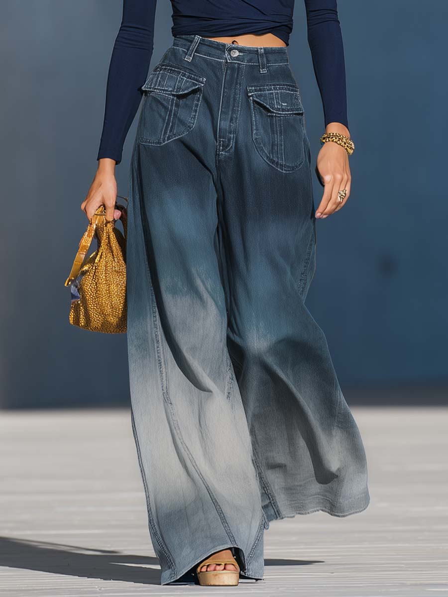 Casual Fashion Gradient Washed Denim Blue Gray Loose Pants - Eliza-Warszawa