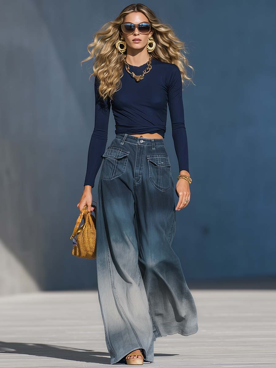 Casual Fashion Gradient Washed Denim Blue Gray Loose Pants - Eliza-Warszawa
