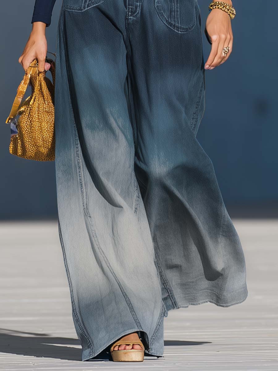 Casual Fashion Gradient Washed Denim Blue Gray Loose Pants - Eliza-Warszawa