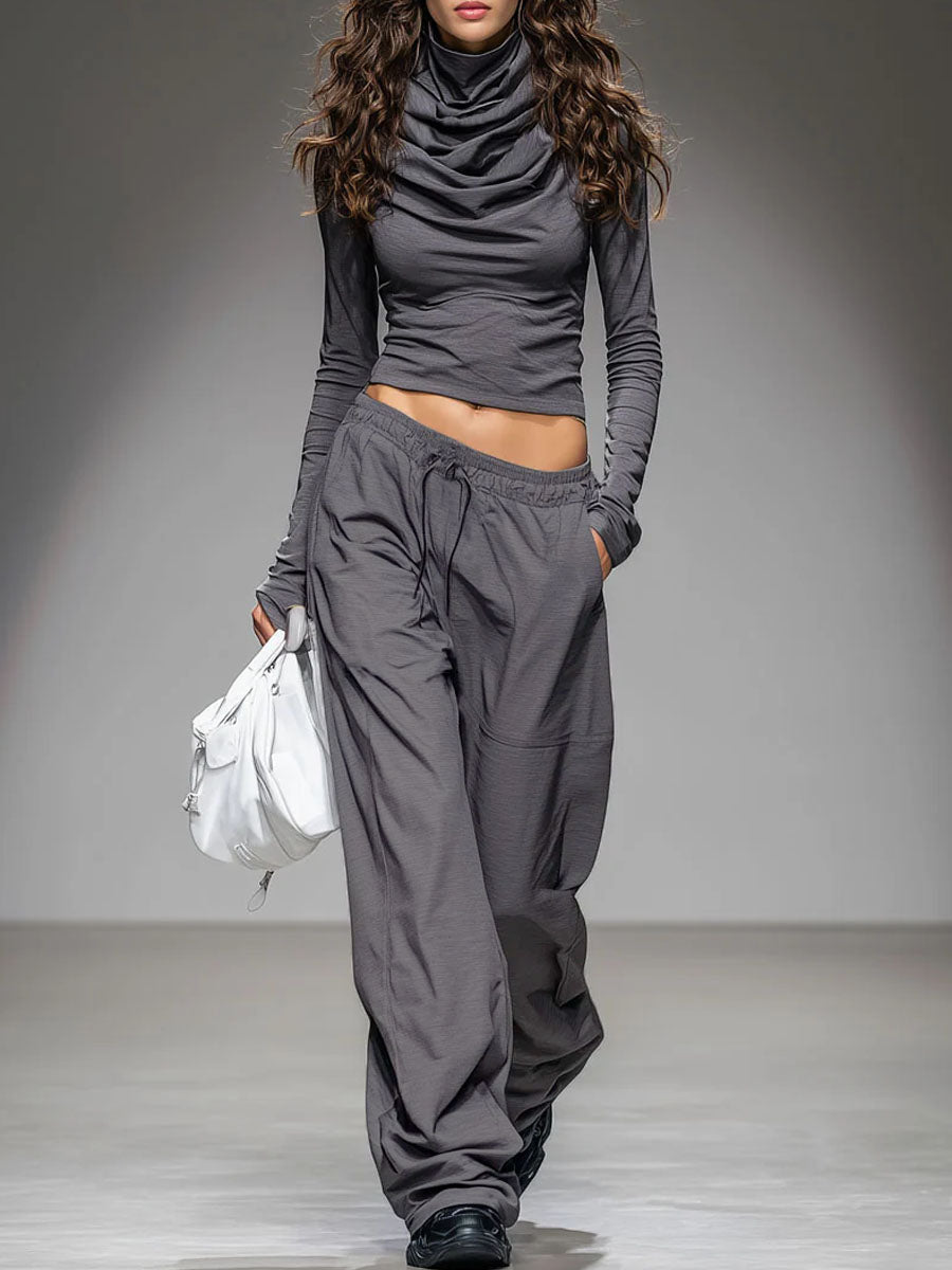 Casual Long-sleeved T-shirt And Wide-leg Pants Set - Eliza-Warszawa