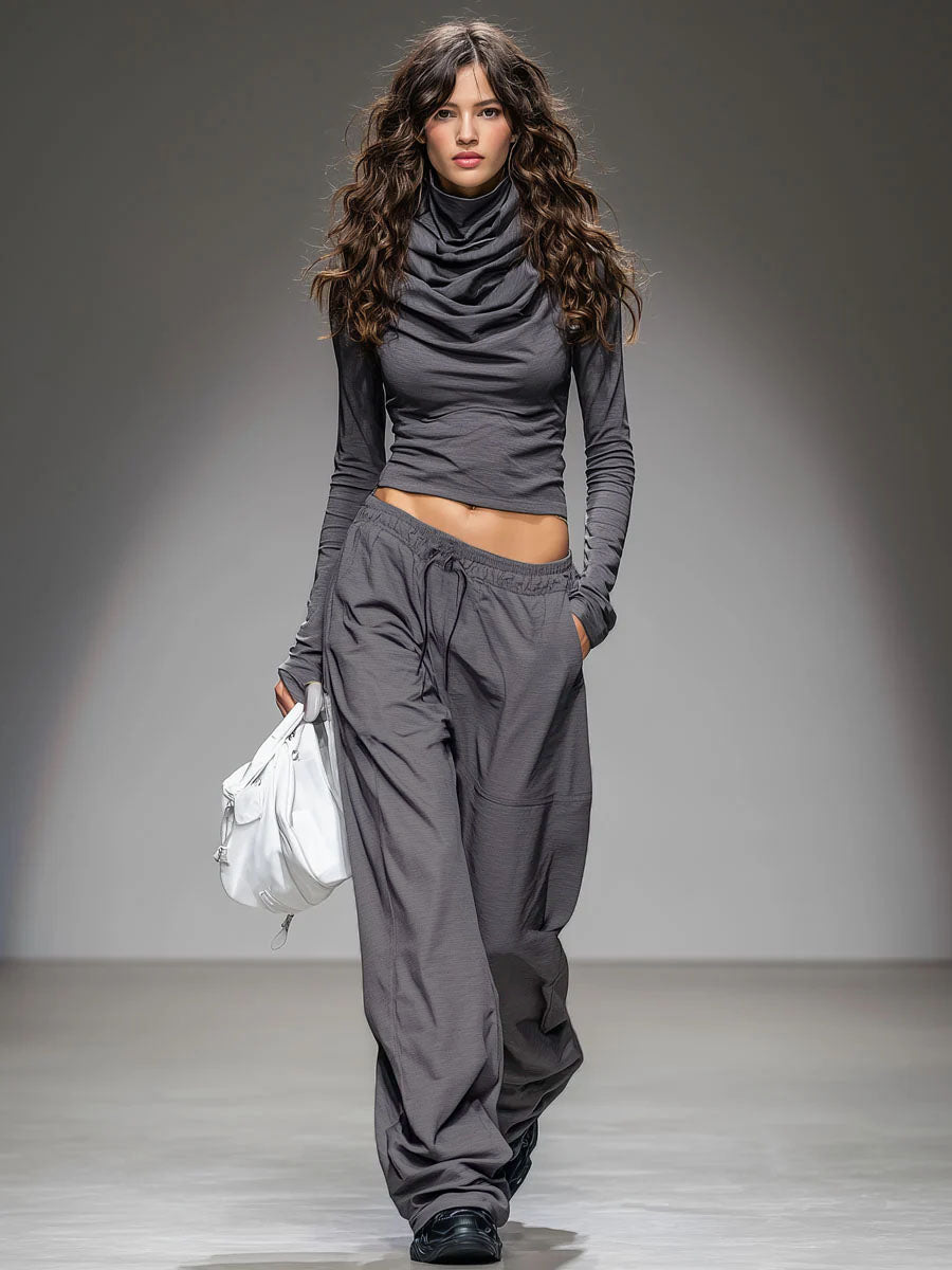 Casual Long-sleeved T-shirt And Wide-leg Pants Set - Eliza-Warszawa