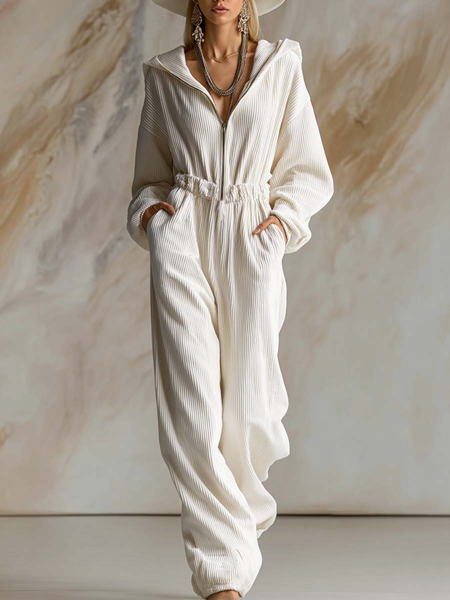 Casual Loose Fashionable White Corduroy Hooded Front Zipper Long Sleeve Jumpsuit - Eliza-Warszawa