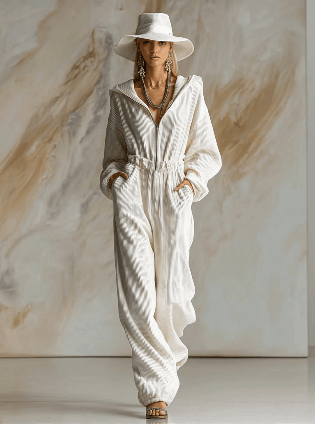 Casual Loose Fashionable White Corduroy Hooded Front Zipper Long Sleeve Jumpsuit - Eliza-Warszawa